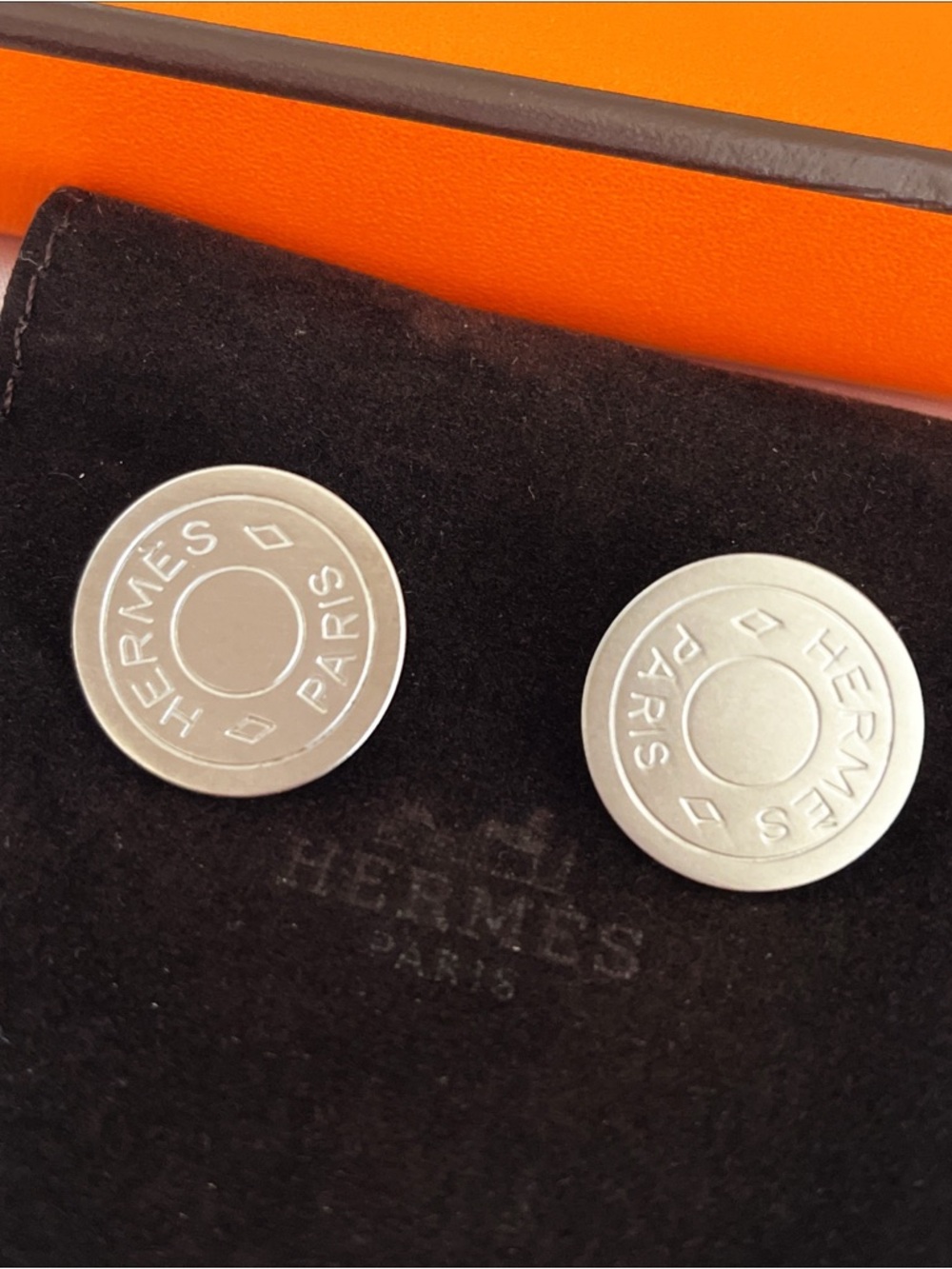 HERMES Vintage Clou de Selle Sellier Clip On Silver Tone Earrings Button